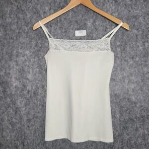 Y2K Lace Trim Cami Tank‎ Top White Minimalist Balletcore Coquette Stretch Knit